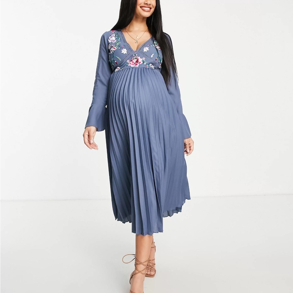 ASOS Maternity embroidered pleated wedding formal fairy midi dress NWT Sz 14